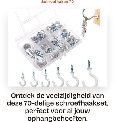 Dailygoods- Schroefhaken 70-delig - Bekerhaken 6 maten - Kunststof/staal - Multifunctioneel - Voor tuin/kantoor - Diepe schroefdraad - Ophanghaken
