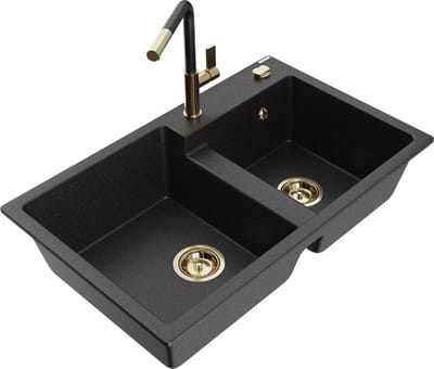 Mexen Tomas granieten gootsteen 2-compartiment met keukenkraan Flora, zwart/zilver metallic - 6516-73-670401-57-G
