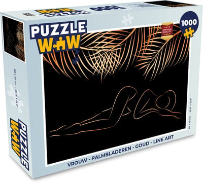 Puzzel Vrouw - Palmbladeren - Goud - Line art - Legpuzzel - Puzzel 1000 stukjes volwassenen