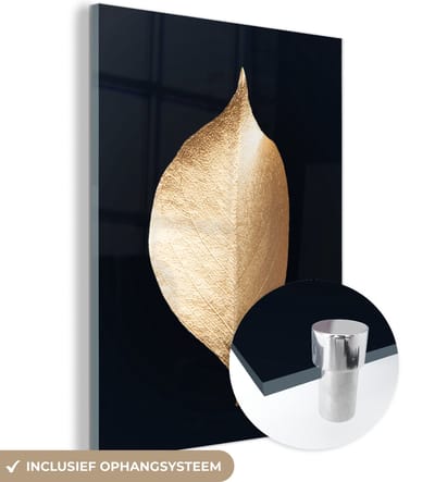 MuchoWow® Glasschilderij 120x160 cm - Schilderij acrylglas - Bladeren - Goud - Zwart - Planten - Luxe - Foto op glas - Schilderijen