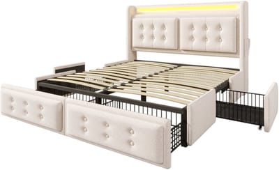 Gestoffeerd tweepersoonsbed van 140x200 mm met LED-hoofdbord, USB-C-oplaadfunctie, 4 lades, opbergruimte, frame van hout en metaal, lattenbodem, draagvermogen van 300 kg, beige, katoen (matras inbegrepen).