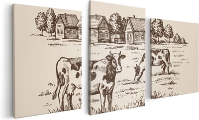 Artaza Canvas Schilderij Drieluik Getekende Koeien Op Een Boerderij - Abstract - 120x60 cm - Wanddecoratie Woonkamer - Schilderijen - Muurdecoratie