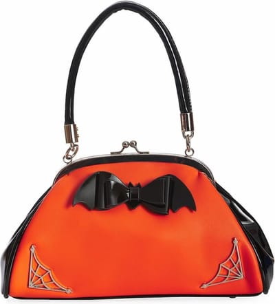 Banned Handtas Old Hallows Eve Oranje/ Zwart - Mooie lakaccenten en Vleermuis Strik - KLEIN FORMAAT - (bxhxd) ca. 27cm x 16cm x 10cm