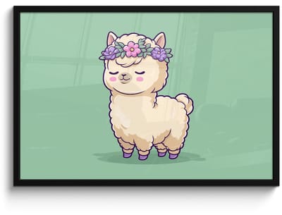 Poster in lijst - Fotolijst 90x60 cm - Posters - Alpaca - Groen - Bloemendiadeem - Posterlijst zwart - Decoratie - Wanddecoratie woonkamer - Muurdecoratie slaapkamer