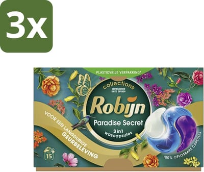 Robijn - Paradise Secret - 3-in-1 Wascapsules - Tropische Geur - 15 Wascapsules - Bulkverpakking - 3 stuks