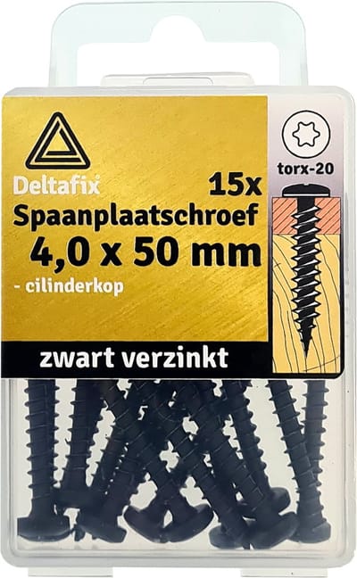 Deltafix spaanplaatschroeven 4,0 x 50 mm - zwart verzinkt - cilinderkop - Torx - 15 stuks