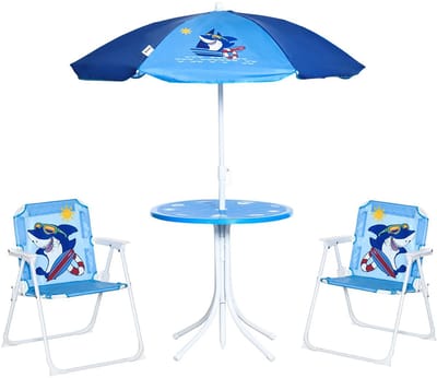 Sweiko Kinderzitjeset - Tuintafel + 2 klapstoelen - Met parasol - Blauw