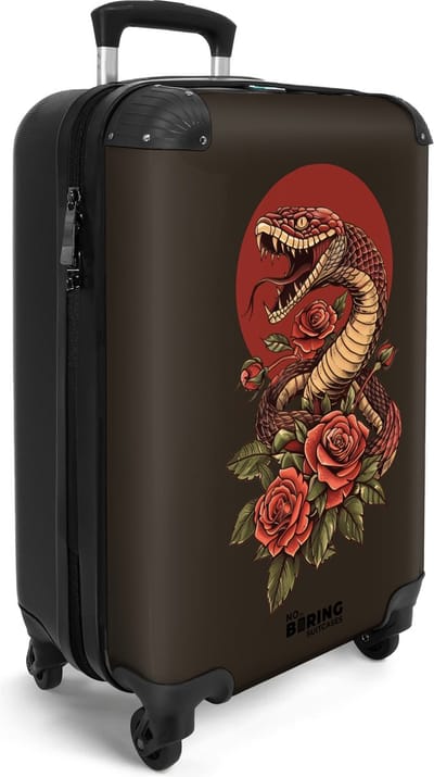 NoBoringSuitcases.com® - Handbagage koffer lichtgewicht - Reiskoffer trolley - Zwart met slang en rode bloemen - Reis rolkoffer met wieltjes - Cabin koffertje klein - Carryon valies - Harde bagagekoffer - Past binnen 55x40x20 en 55x35x25