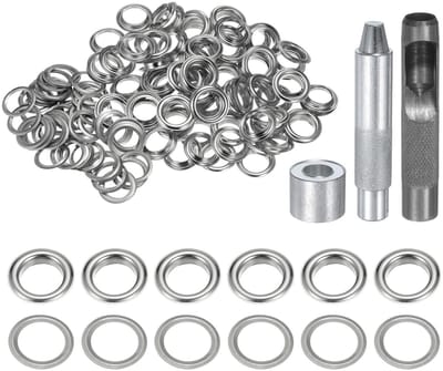 Dailygoods - QUARKZMAN Set van 100 ogen 14 mm koper met perforator, perforator voor ogen, gereedschap voor oogjes voor kleding van leer, stof, zilverkleurig
