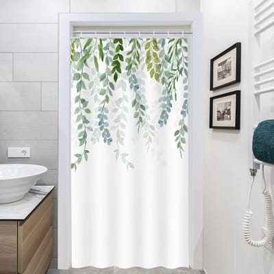 Douchegordijn van wasbaar polyester, voor badkuip, inclusief gewichtjes, 120 x 200 cm (b x h), groene eucalyptusbladeren