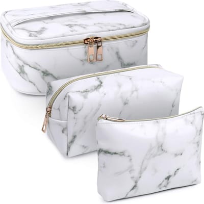3 stuks make-up tas toilettas draagbare irriterende PU lederen make-up tas cosmetische tas met waterafstotend en duurzaam, Marmer wit