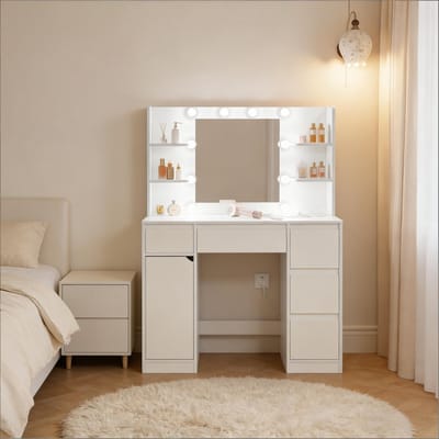 MODFU Kaptafel - Met Spiegel En Ledverlichting - Met Opbergruimte - Modern - Hout En Glas - Wit - 110 X 140 X 40 Cm