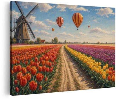 Artaza Canvas Schilderij Luchtballonnen Boven Tulpenveld - Molen - Landschap - 30x20 cm - Klein - Wanddecoratie Woonkamer - Schilderijen - Muurdecoratie