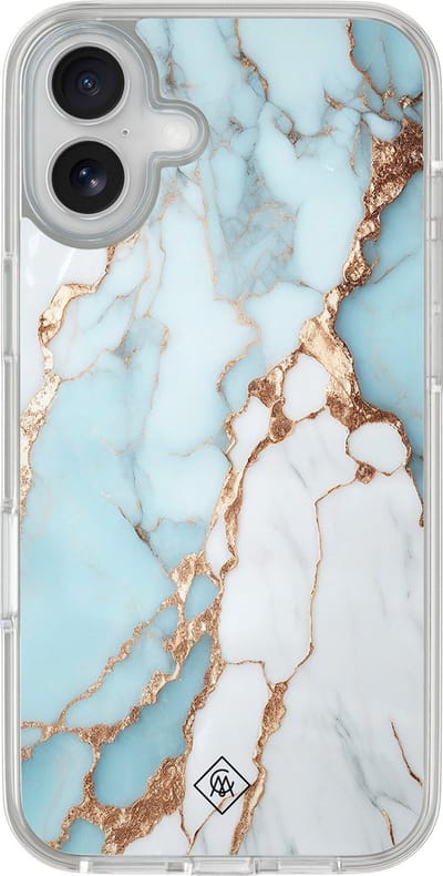 Casimoda® hoesje - Geschikt voor iPhone 16 - Marmer Lichtblauw - 2-in-1 case - Schokbestendig - Marble design - Verhoogde randen - Blauw, Transparant