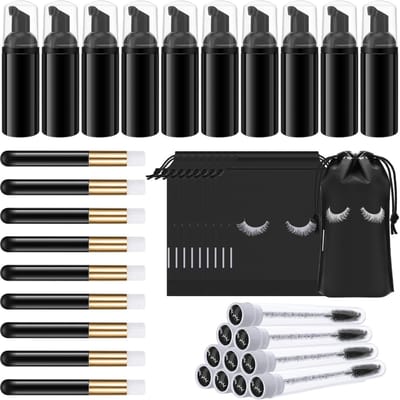 Flessenborstels set, bevat 10 stuks wimperborstels, 10 stuks wimperborstelbuizen, 10 stuks wimpershampoo schuimdispenserfles, 10 stuks wimper aftercare tasjes