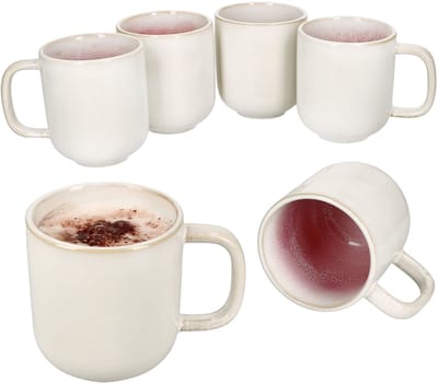 Set van 6 REACTIVE GLAZE PARIS koffiemokken met handvat crème & roze steengoed