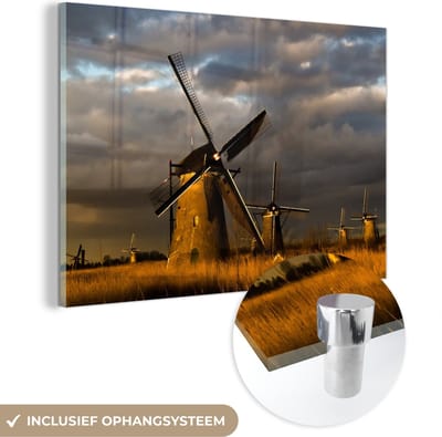 ® Glasschilderij 180x120 cm - Schilderij acrylglas - Molen - Nacht - Nederland - Foto op glas - Muurdecoratie woonkamer - Wanddecoratie slaapkamer - Schilderijen