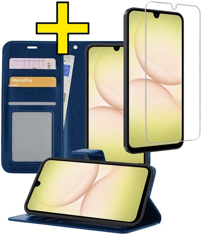 Hoesje - Met Screenprotector - Geschikt voor Samsung Galaxy A17 - Luxe Pasjeshouder - Bookcase Portemonee - Flip Case - Kunstleer Book Case - Flipcase - Book Cover - Walletcase - Portemonneehoes - Telefoonhoesjes - Donkerblauw