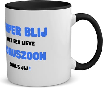 Akyol - super blij met een lieve bonuszoon zoals jij koffiemok - theemok - zwart - Zoon - de liefste bonuszoon - verjaardag - cadeautje voor zoon - zoon artikelen - kado - geschenk - 350 ML inhoud