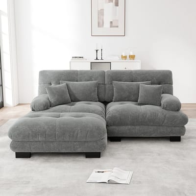 BLACKCOLORS Cloud hoekbank voor de woonkamer, tweezitsbank in chenille met 2 lendenkussens en 2 sierkussens, gestoffeerde bank met brede armleuningen en poef, grijs chenille
