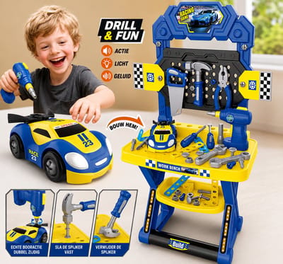 Kinder Werkbank met Elektrische Boormachine en Raceauto - 87 Delige Gereedschapset - STEM Educatief Constructiespeelgoed - Speelgoed Werkbank voor Kinderen vanaf 3 Jaar