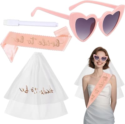 Bachelorette Party Accessoires Set voor Vrouwen - 4-delige JGA Pakket met Witte Sluiers, Satin Sjerp, Hartvormige Zonnebril en Marker - Perfect voor Bruid, Feest of Fotoshoot