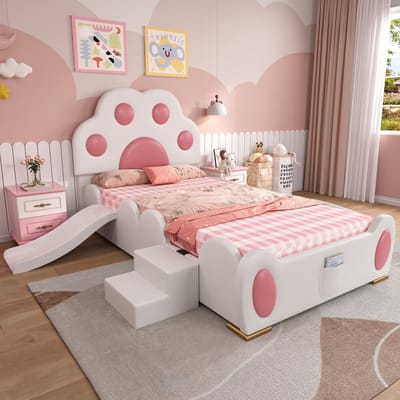 DESMIU Kinderbed 90x200 cm – Kattenpoot-Hoofdbord – Met Glijbaan En Tweestapstrap – Met Voetvak – Voor Kinderkamer – PU – Roze Wit – Zonder matras