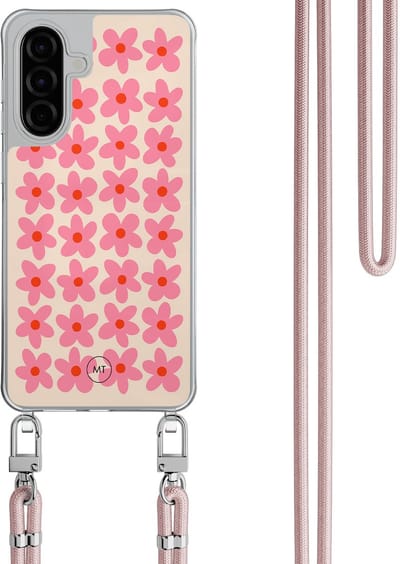 Hoesje met koord geschikt voor Samsung Galaxy A56 - Retro blooms - Inclusief Rosegoud koord - Crossbody beschermhoes - Transparant, Roze - Mooie Telefoonhoesjes