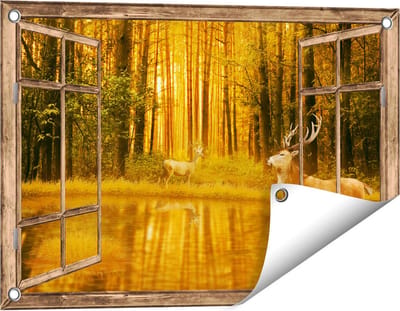 Gards Tuinposter Doorkijk Twee Herten in het Bos bij het Water - 60x40 cm - Tuindoek - Tuindecoratie - Wanddecoratie buiten - Tuinschilderij