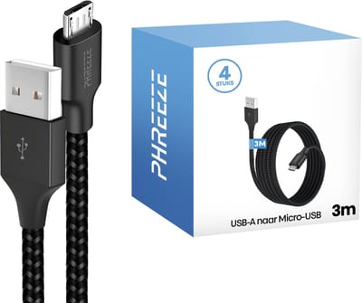 Micro usb kabels - 4 pack - 3 meter - Oplader geschikt voor ps4, e reader, kobo, libra, jbl go 2 - Phreeze