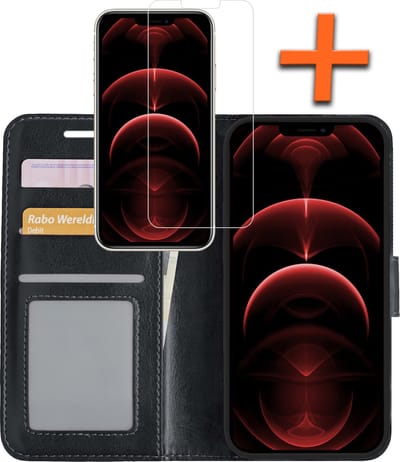 Hoes - Met Screenprotector - Geschikt voor Apple iPhone 13 Mini - Luxe Pasjeshouder - Bookcase Portemonee - Flip Case - Kunstleer Book Case - Flipcase - Book Cover - Walletcase - PortemonneeHoes - Zwart