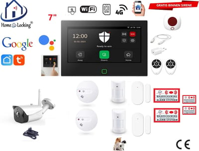 Draadloos / bedraad alarmsysteem met 7-inch touchscreen voor woning/camper/boot/caravan werkt met wifi en sim kaart en met spraakgestuurde apps. (Nederlands of Frans stem en tekst). ST01B-46