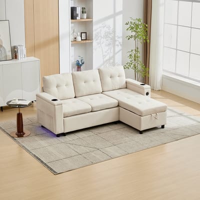 MODFU Hoekbank Slaapbank - Opklapbaar Met Opbergruimte En Ledverlichting - Modern - Voor Woonkamer - Stof - Beige - 208 X 146 X 89,5 Cm