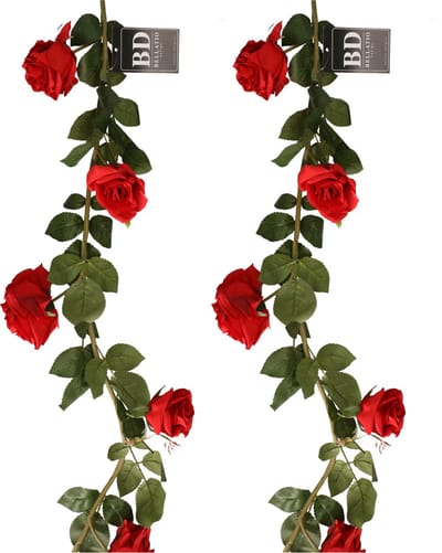 Bellatio Design Kunstbloem slinger rozen - 2x - 145 cm - rood - bruiloft versiering - guirlande - decoratie
