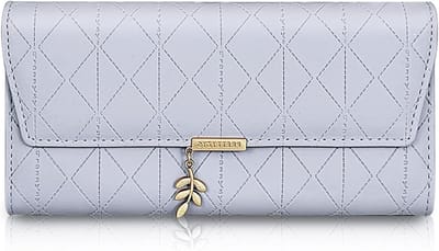 Grote Damesportemonnee met Bladmotief, Ruime PU Leren Portemonnee, Drievoudig Vouw Clutch met Diamantpatroon voor 9 Kaartslots en ID Kaartslot, Blauw, Modern en Stijlvol