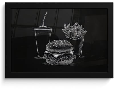 Poster in lijst - Fotolijst 30x20 cm - Posters - Hamburger - Friet - Frisdrank - Krijttekening - Posterlijst zwart - Decoratie - Wanddecoratie woonkamer - Muurdecoratie slaapkamer