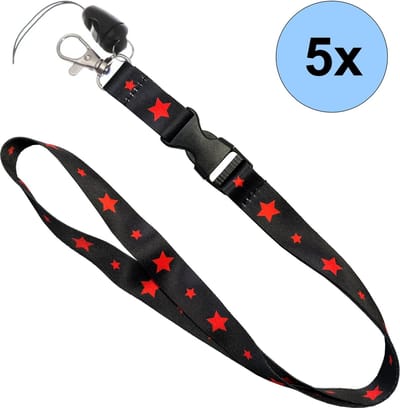 5 Keycords Rode Sterren Print - Keycord - Lanyard - Sleutelkoord - Badgehouder - 51cm - 20mm - Rode Sterren - 5 Stuks