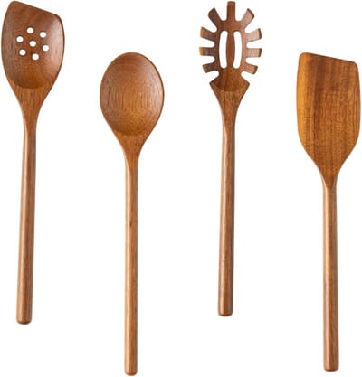 Set van 4 Houten Kooklepels en Spatula's voor Koken en Serveerwerk in de Keuken, Ideaal voor Pasta, Risotto en Menggerechten