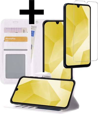 Hoesje - Met Screenprotector - Geschikt voor Samsung Galaxy A16 - Luxe Pasjeshouder - Bookcase Portemonee - Flip Case - Kunstleer Book Case - Flipcase - Book Cover - Walletcase - Portemonneehoes - Telefoonhoesjes - Wit