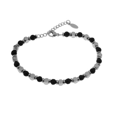 18cm tot 21cm Lava Armband Heren - Verstelbaar - RVS - Natuursteen - Kralen Armband