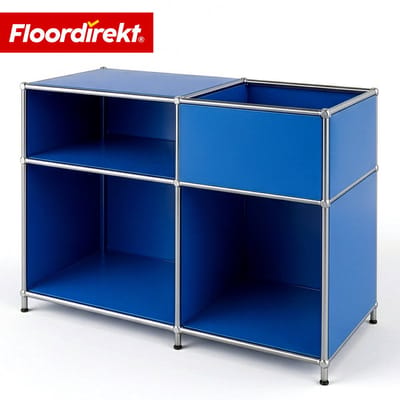 FLOORDIREKT Metalen Rek Concept Epure MK-030 - Staand rek met 3 planken & opbergvak - Sideboard & opbergrek van metaal - 88 x 40 x 65 cm - Blauw - Voor woonkamer, kantoor & hal - Stevig en veelzijdig - Verkrijgbaar in verschillende kleuren