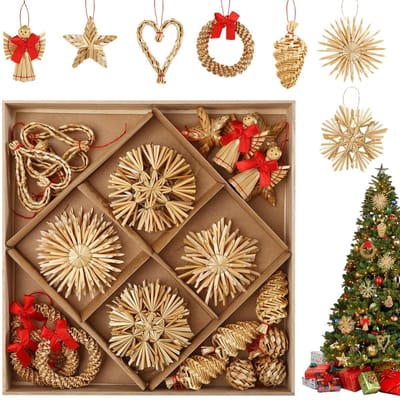 Dailygoods - Anstore strosterren kerstboomversiering, set van 38 stuks kerstboomversiering van stro, sneeuwvlok met houten kist, 6-8 cm engel strosterren voor boomversiering Kerstmis & natuurlijke kerstdecoratie