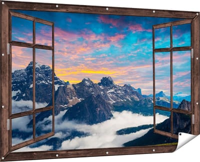 Gards Tuinposter Doorkijk Bergen Landschap met Wolken in Italië - 180x120 cm - Tuindoek - Tuindecoratie - Wanddecoratie buiten - Tuinschilderij
