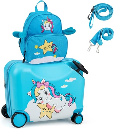 Costway 2-delige kinderkoffer + rugzak, 30,5+45,7 cm kindertrolley met wielen & waterdichte harde behuizing, kinderbagage met draagriem, touw & voetsteunen, rolkoffer voor jongens meisjes, Blauw