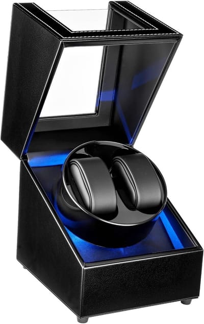 Dubbele Horlogewinder met LED Verlichting voor 2 Horloges, 5 Automatische Rotatiemodi en Oplaadbare Type C USB - Zwart, Luxe Horlogeaccessoire