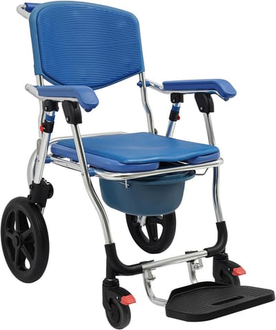 Douche Toilet Stoel - Rolstoel Met Wielen - Ondersteuning Badkamer - Inklapbaar Met Rem - Max 125 kg - Blauw
