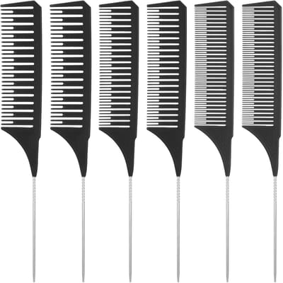 Famanu - Set van 6 professionele highlightkammen met rattenstaart, geschikt voor salon en thuiskleuring – Zwart