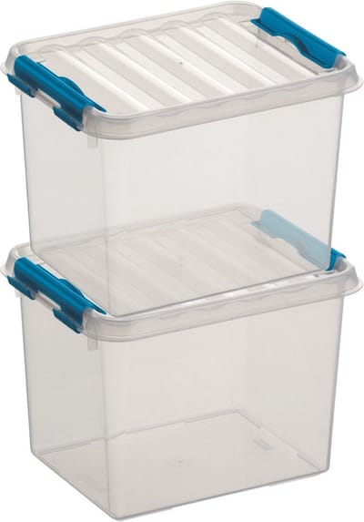 2x sunware q-line opberg box/opbergdoos - 3 liter - 20 x 15 x 14 cm - kunststof - opslagbox - transparant/blauw