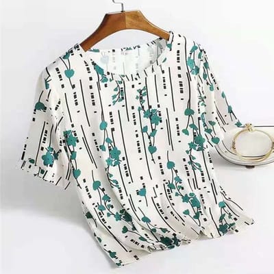 T-shirt en Soie Glacée pour Femmes Été Mode Grande Taille Imprimé Manches Courtes Col Rond Ample Haut de Mère Vêtement Décontracté de Tous les Jours M vert