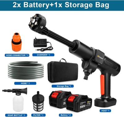 SimpleStore Draadloze Hogedrukreiniger - Zwart- 200Bar - 6 in 1 - 2 accu's - Elektrisch - Hogedrukreinigers - Hogedrukreiniger auto/tuin